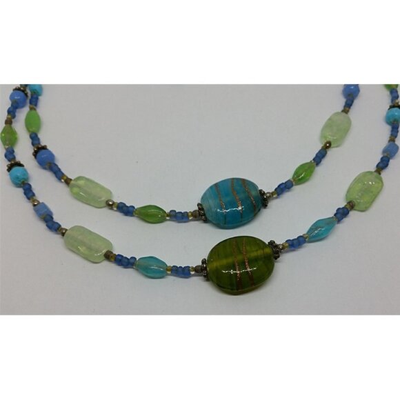 Vintage VJ Green-Blue Art Glass Necklace Double Layer Boho Festival Summer - Picture 2 of 3